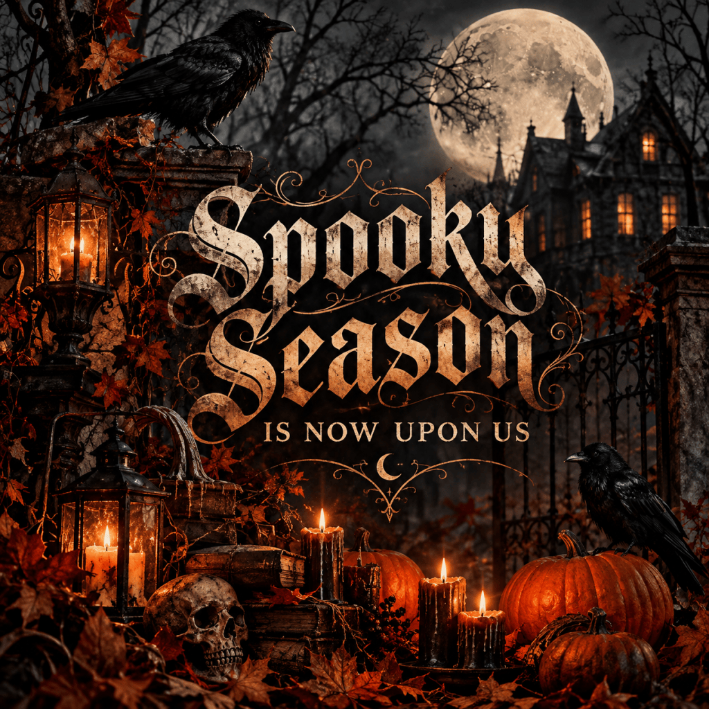 A dark, atmospheric Halloween-themed image featuring the text 'Spooky Season is Now Upon Us'. The background includes a full moon, a haunted house, jack-o'-lanterns, candles, a skull, and ravens among autumn leaves.
