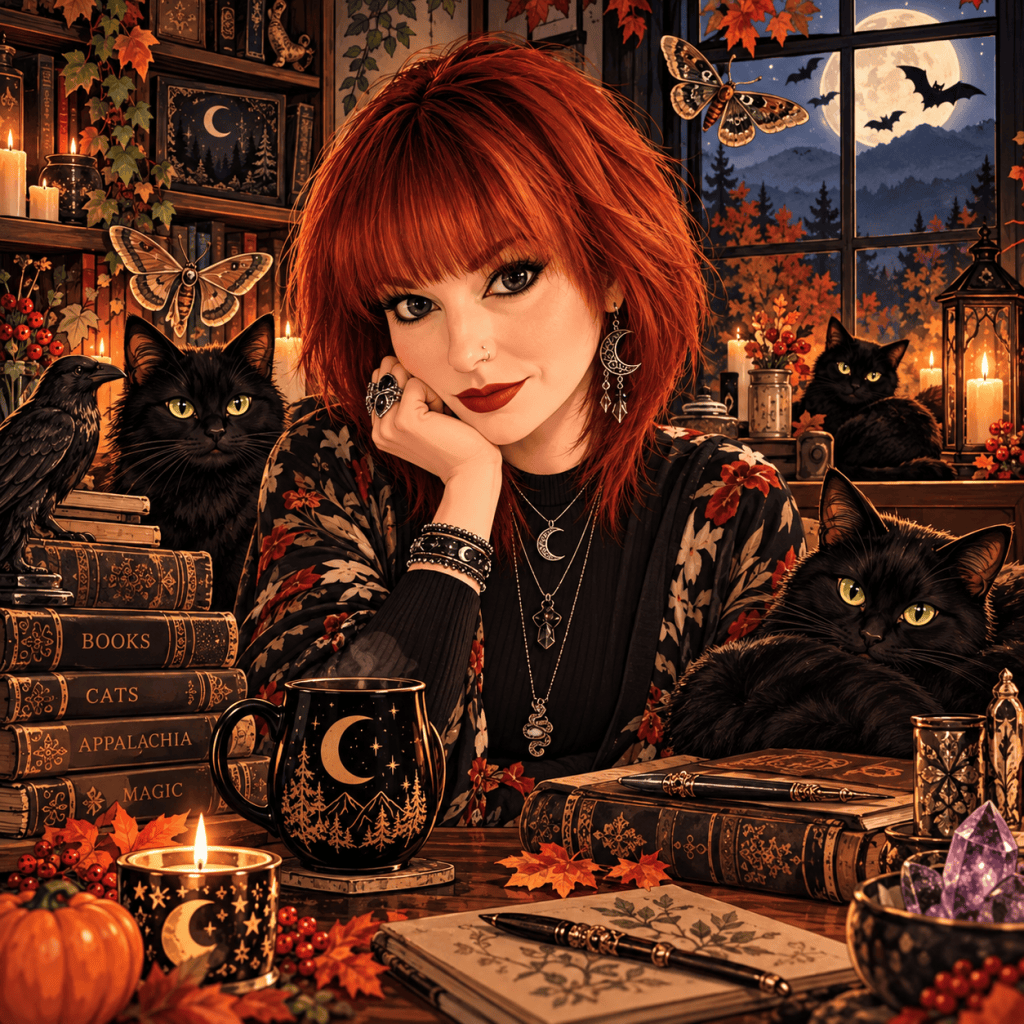 A young woman with red hair and a bohemian outfit sits at a table surrounded by books, candles, and black cats, creating a cozy, mystical atmosphere.