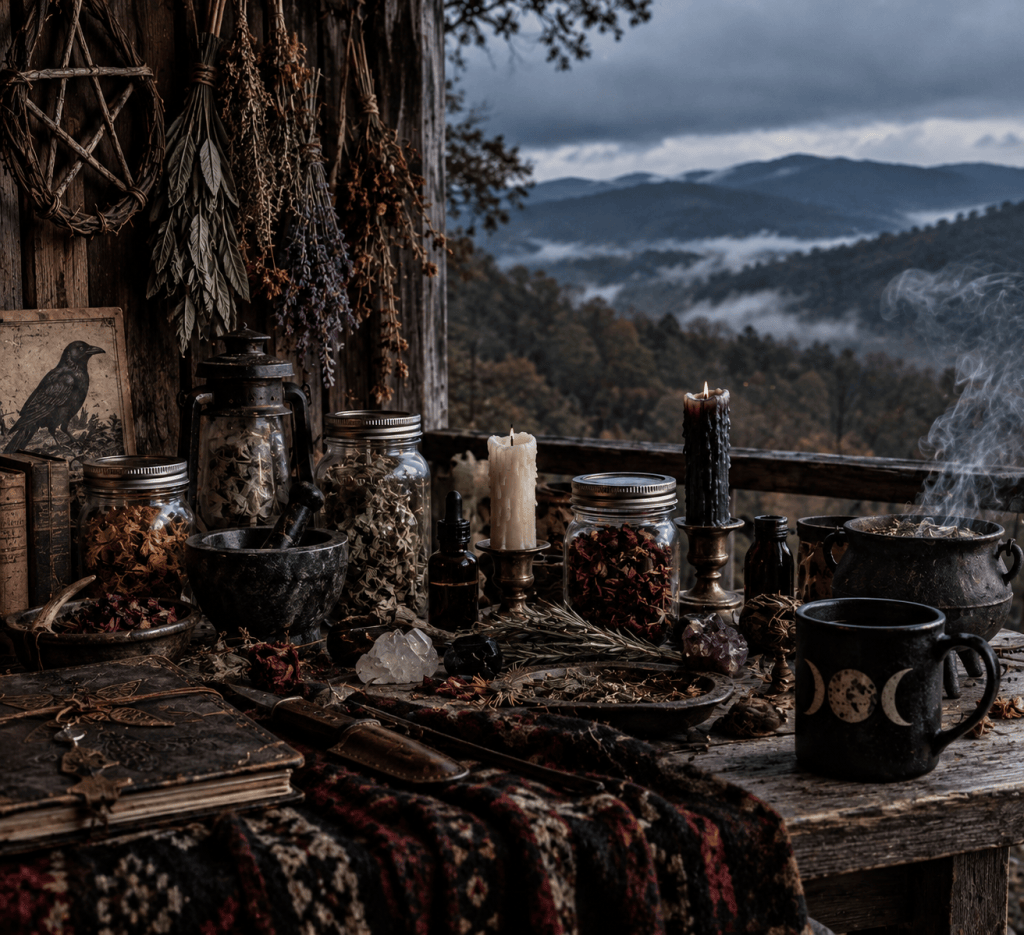A rustic table adorned with various jars of herbs, candles, and mystical items, set against a mountainous landscape with rolling fog and overcast skies.