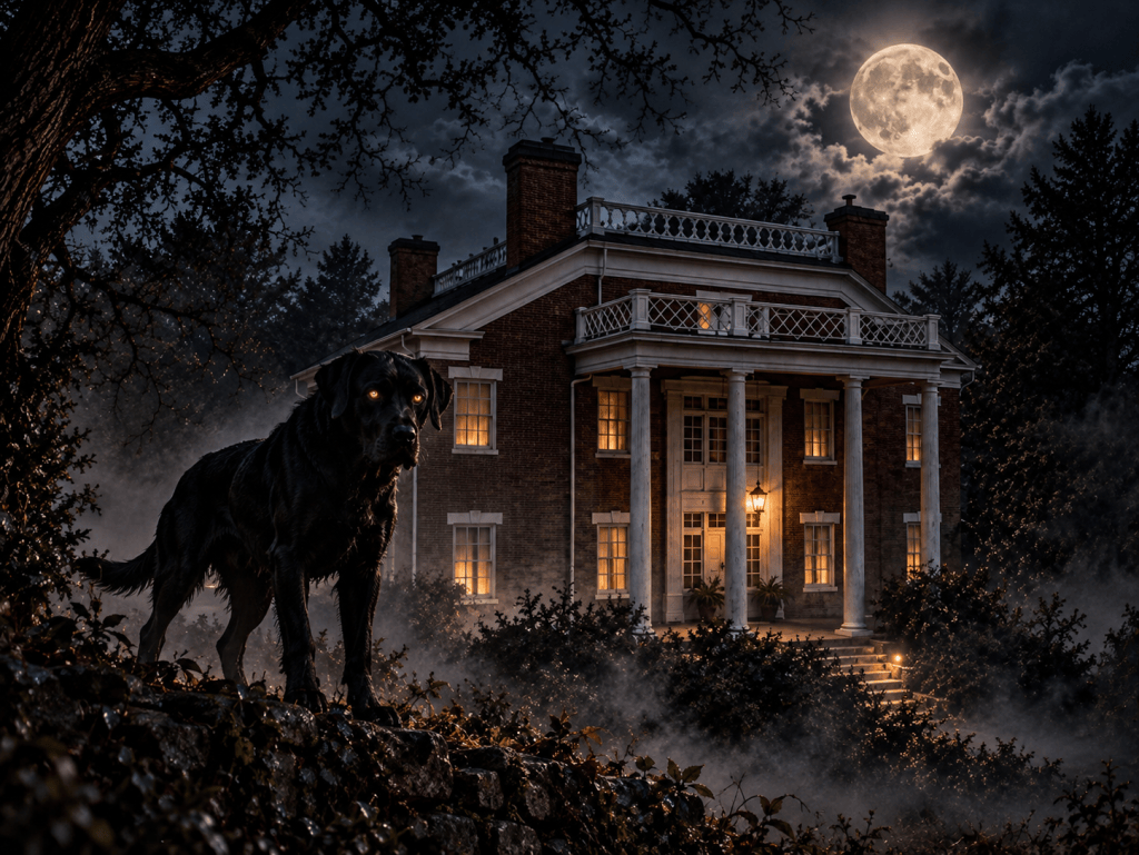 A black dog stands on a stone wall in front of a large, eerie mansion illuminated by the moonlight, with fog surrounding the area and dark trees in the background.