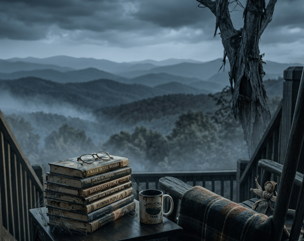 Books, coffee, and blanket on a deck overlooking Appalachian mountains
